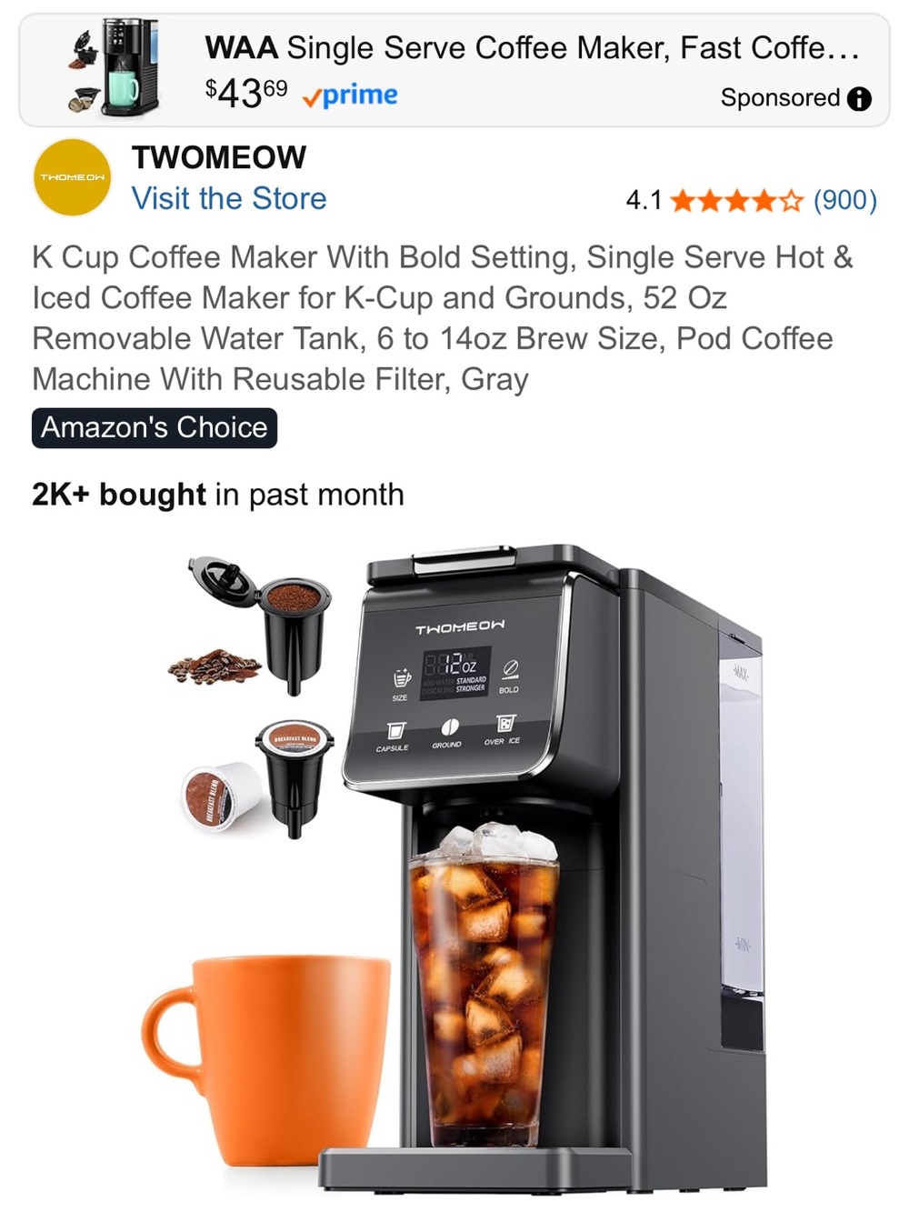 THOWMEOW Single Serve Coffee Maker - Gray with Black Accents